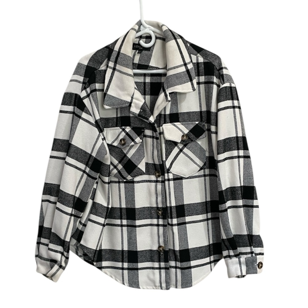 LOVE TREE SHACKET BLACK WHITE FLANNEL BUTTON DOWN LONG SLEEVE SHIRT LARGE